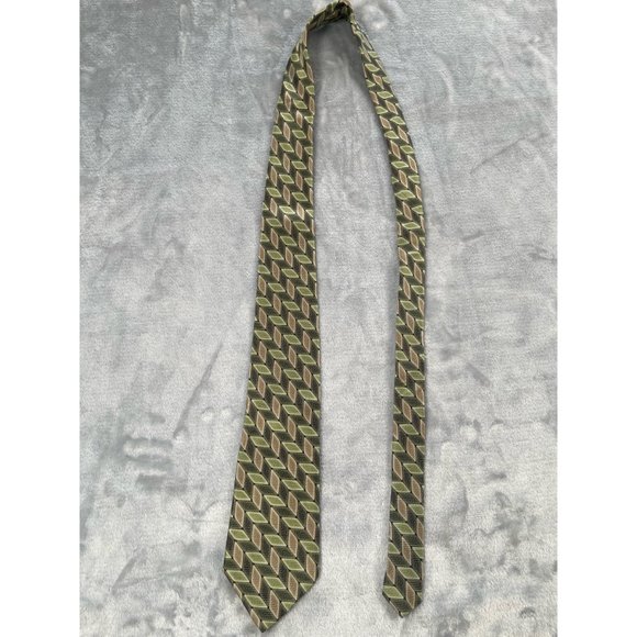 Stafford Mens Neck Tie Green Brown Geometric Print 100% Silk Made in USA - Picture 4 of 11